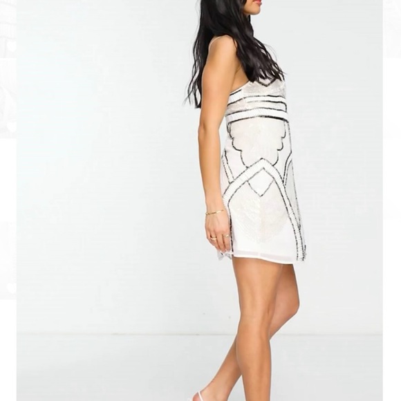 NWT Petite Embellished Beads Sequins Leg Slit Mini Dress White 0 - Picture 5 of 15